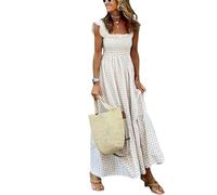 KIKBAX Singing Solo Multi Plaid Smocked Bust Maxi Dress, Women's Retro Plaid Summer Spaghetti Strap Square Neck Long Dress(Color:Beige,Size:XXL)