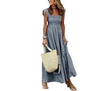 KIKBAX Singing Solo Multi Plaid Smocked Bust Maxi Dress, Women's Retro Plaid Summer Spaghetti Strap Square Neck Long Dress(Color:Black,Size:XXL)