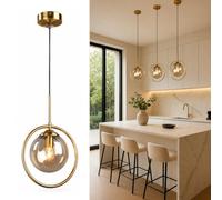 Kikioo Lampada a sospensione moderna ed elegante in stile industriale per isola cucina e bar, lampadario sferico in vetro stile country con finitura dorata, ideale per la decorazione del soggiorno, at