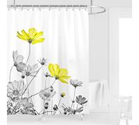 Kikiry Tenda da doccia gialla grigia 152 cm di larghezza x 183 cm di lunghezza, fiori bianchi e grigi, margherite, pittura a inchiostro, botanica, semplice, elegante, tende da bagno in tessuto di