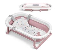 KikkaBoo Vaschetta Bagnetto Neonato Pieghevole WILLY, Salvaspazio con Termometro Integrato, Cuscino Morbido di Supporto, Gambe Antiscivolo, 0-36 Mesi, Regalo Nascita Bambino, Rosa