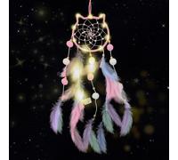 Kikuo Acchiappasogni a forma di gatto con Piume, Acchiappasogni Fatto a Mano con Luci a Led, DreamCatchers in Stile Bohémien per Decorazioni da Appendere a Parete, Camera da Letto Matrimonio (Rosa)