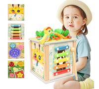 Kikuo Cubo di Abilità Motorie 6 in 1, Giochi Montessori Multiattività in Legno, Impilabile con Carote per Bambini 4 5 6+ Anni Regalo