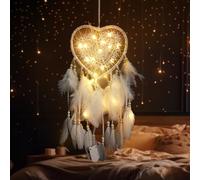 Kikuo Ragazze Acchiappasogni Grande, Cuore Cavo Dream Catcher con Luci a Led, Fatto a Mano DreamCatchers Piuma Bead Wall Hanging Dreamcatcher per Camera da Letto Matrimonio Decorazione Craft Gift