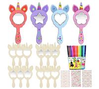KIKVTER 12 Pezzi Unicorno Specchio in Legno Fai da Te, con matite acquerellabili, Legno Mini Specchio a Mano con maniglia, per la pittura fai da te dei bambini e per le feste di compleanno dei bambini