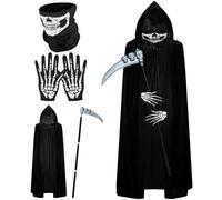 KIKVTER Costume da Mietitore di Halloween, Spaventoso Costumi Halloween con Mantello Nero con Cappuccio, Copricapo da Teschio, Guanti da Scheletro e Falce della Morte Costumi da Cosplay di Halloween