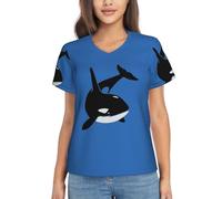 Killer Whale Dolphin Ocean Print - T-shirt da donna con scollo a V, magliette classiche da donna, per qualsiasi ambiente casual, lavoro, viaggi, Nero , XL