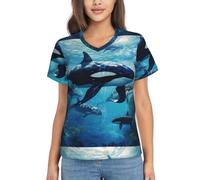 Killer Whales Swim Along Printing - Maglietta da donna a maniche corte, con scollo a V, Nero, XXL