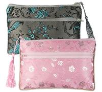 Kilofly - Borsa per gioielli in broccato di seta cinese con 2 tasche con cerniera, set da 2