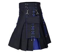 Kilt Deluxe, abito da festa tradizionale Highland, 100% cotone, grandi tasche cargo tradizionali con cinturino in pelle, gonna altopiano per abiti Oktoberfest 2025, #14blu, L