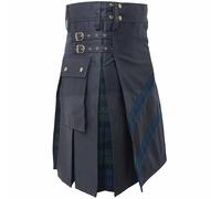 Kilt multiuso da uomo, stile tradizionale scozzese, moderno, ibrido, in tartan, in cotone nero, con tracolla regolabile, kilt da uomo, Orologio nero., Belly Button - 34" Inches