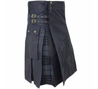 Kilt multiuso da uomo, stile tradizionale scozzese, moderno, ibrido, in tartan, in cotone nero, con tracolla regolabile, kilt da uomo