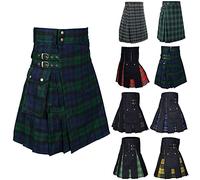 Kilt scozzese da uomo a righe scozzesi gonna plissettata da uomo con tasche tartan kilt con cinghie lunghezza kilt tradizionale classico scozzese nero orologio gonne da uomo UK, Verde militare, L