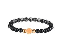 Kim Johanson® Bracciale da donna in pietra naturale con onice, alabastro e perle in acciaio inox in oro rosa, con vere pietre preziose da 6 mm, fatto a mano, elastico, impermeabile, scatola per