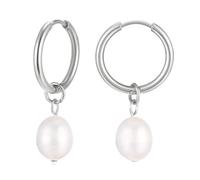 KIM JOHANSON Malia - Orecchini da donna in acciaio inox, in argento, orecchini a cerchio con perle vere, gioielli boho, da donna, impermeabili, orecchini a cerchio multistrato, con sacchetto