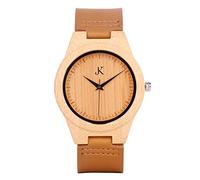 Kim Johanson Orologio da polso da uomo e da donna, in legno, stile vintage, marrone, con vera pelle, in bambù, realizzato a mano, al quarzo, diametro 45 mm, classico, molto leggero, in vero legno,