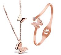 Kim Johanson Set di gioielli da donna in acciaio inox *Butterfly* collana con ciondolo e bracciale in oro rosa con sacchetto regalo