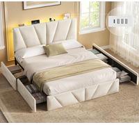 KIMENICH Letto 140 x 190 cm, in velluto con 4 cassetti, struttura per letto matrimoniale con presa e striscia luminosa a LED, testiera regolabile in altezza a 3 livelli, camera da letto, letto in
