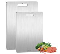 KIMIGO 2 Pezzi Tagliere Acciaio Inox, 304 Doppio Lato Tagliere In Acciaio - Multifunzione Resistente Antibatterico Senza BPA Facile da pulire per Carne, Frutta, Verdura(34x23cm + 25x15cm)