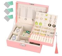 KIMIGO Scatola per gioielli a 2 strati, scatola per gioielli da donna con chiusura a scatto e vassoio rimovibile, 3 panni di pulizia argento per anelli, collane, bracciali