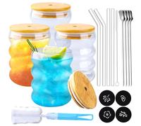 KIMIGO Set di 4 Bicchieri a Coste (350ml) in Vetro con Cannucce, Coperchio e Cucchiaio - Tazzine per Caffè, Cocktail, Latte, Acqua