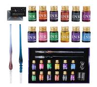 KIMIGO Set di Penne per Immersione in Vetro,Set di penne a inchiostro versatile,2 Penna a Immersione con 12 Inchiostri Colorati,per biglietti d'auguri,scrittura,decorazione,firme e regalo
