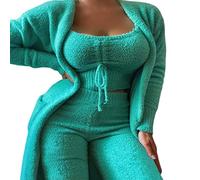 KIMKCY Pigiama in finta pile, autunno, inverno, da donna, con pantaloni lunghi, caldo e morbido pile, per la casa, colore verde (pantaloni lunghi), XL