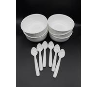 Kimmel Set di 6 ciotole da zuppa, bianco, con cucchiaio, piatto, zuppa, ciotola con cucchiaio, stoviglie da picnic riutilizzabili