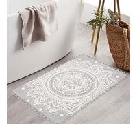KIMODE Boho - Tappeto da bagno piccolo, 60 x 90 cm, colore: grigio mandala morbido con frangia pompon per ingresso vasca da bagno, decorazione camera da letto