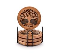 Kimona Set di 4 sottobicchieri rotondi in legno fatti a mano, con albero della vita, per bevande, con supporto in ferro, per qualsiasi tipo di tavolo, per bar, cucina, casa, appartamento (10,16 cm x