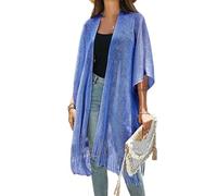 Kimono/Cardigan da Donna con Frange e Nappe Copricostume Abito Lungo da Spiaggia Bikini Protezione Solare Blu Taglia Unica