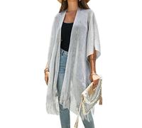 Kimono/Cardigan da Donna con Frange e Nappe Copricostume Abito Lungo da Spiaggia Bikini Protezione Solare Grigio Taglia Unica