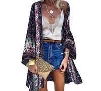 Kimono Copricostume Donna Cardigan Lungo Retro Stampa Floreale Bikini Cover Up Maniche Lunghe Coprivostume Elegante Copricostumi da Bagno Estate Beachwear,Blu Navy,XL