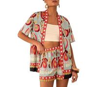 Kimono da donna con stampa tropicale bohémien, set da spiaggia, set da vacanza, costume da bagno leggero abbinato, Rosso, 14XL