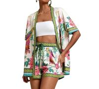 Kimono da donna con stampa tropicale bohémien, set da spiaggia, set da vacanza, costume da bagno leggero abbinato, Verde, 12XL