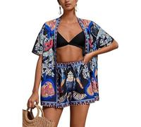 Kimono da donna con stampa tropicale bohémien, set da spiaggia, set da vacanza, costume da bagno leggero abbinato, Blu, 12XL