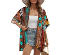 Kimono da Spiaggia Casual Estivo a Maniche Corte con Girasoli turchesi e Motivo Country Western, Copricostume Ampio, Camicetta alla Moda con Apertura Frontale.