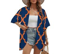 Kimono Estivo Casual a Maniche Corte con Motivo Marocchino Arancione e Blu Navy, Copricostume da Spiaggia, Blusa Ampia, Cardigan alla Moda con Apertura Frontale