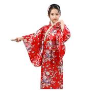Kimono Giapponese per Ragazze Giapponese Tradizionale Yukata Kimono in Raso per Ragazze Vestito da Festa Vestaglia Pigiama Accappatoio Partito Nozze Giapponese Robe (Red, 9-10 Years)