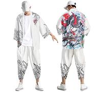 Kimono Giapponese Uomo Kimono 2 Pezzi, Set Cardigan Stile Cinese Aperto sul Davanti Stampato a Sette Maniche Giacca E Pantaloni Completo Kimono Abito da Pigiama Tradizionale Antico Plus Size
