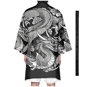Kimono Leggero da Uomo, Cardigan Casual con Stampa di Drago, Accappatoi Giapponesi, Vestaglie Lunghe Aperte sul Davanti con Cintura,Black-5XL