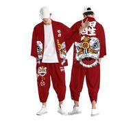 Kimono Set da uomo giapponese, accappatoio a maniche corte, cardigan, elastico in vita, pantaloni per il tempo libero, leggero, alla moda, per la spiaggia, Yukata, Colore: rosso, L