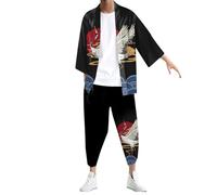 Kimono - Set da uomo giapponese con 2 pezzi, cardigan a maniche a 3/4 + pantaloni Harem in vita elasticizzata Yukata Haori con stampa retrò Harajuku Cosplay Samurai pantaloni harem 7/8 sport, 04-nero