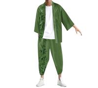 Kimono - Set da uomo giapponese con 2 pezzi, cardigan a maniche a 3/4 + pantaloni Harem in vita elasticizzata Yukata Haori con stampa retrò Harajuku Cosplay Samurai pantaloni harem 7/8 sport, 03-verde