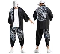 Kimono - Set da uomo giapponese con 2 pezzi, cardigan a maniche a 3/4 + pantaloni Harem in vita elasticizzata Yukata Haori con stampa retrò Harajuku Cosplay Samurai pantaloni harem 7/8 sport, 06-nero