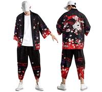 Kimono - Set da uomo giapponese con 2 pezzi, cardigan a maniche a 3/4 + pantaloni Harem in vita elasticizzata Yukata Haori con stampa retrò Harajuku Cosplay Samurai pantaloni harem 7/8 sport, 11-rosso