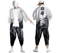 Kimono - Set da uomo giapponese con 2 pezzi, cardigan a maniche a 3/4 + pantaloni Harem in vita elasticizzata Yukata Haori con stampa retrò Harajuku Cosplay Samurai pantaloni harem 7/8 sport, 10