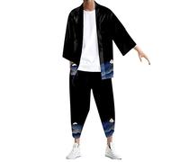 Kimono - Set da uomo giapponese con 2 pezzi, cardigan a maniche a 3/4 + pantaloni Harem in vita elasticizzata Yukata Haori con stampa retrò Harajuku Cosplay Samurai pantaloni harem 7/8 sport, 05-nero