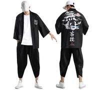 Kimono - Set da uomo giapponese con 2 pezzi, cardigan a maniche a 3/4 + pantaloni Harem in vita elasticizzata Yukata Haori con stampa retrò Harajuku Cosplay Samurai pantaloni harem 7/8 sport, 07-nero