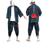 Kimono Uomo Giapponese Kimono Set, Set Cardigan Stile Cinese Aperto sul Davanti Stampato a Sette Maniche Giacca E Pantaloni Completi Uomo Abito da Pigiama Tradizionale Antico Plus Size